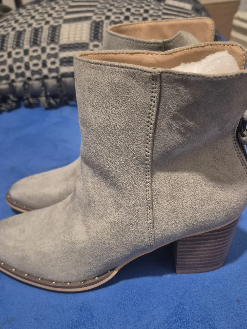 Gray Suede Women's Ankle Boots - Sleek Stud-Trim Design